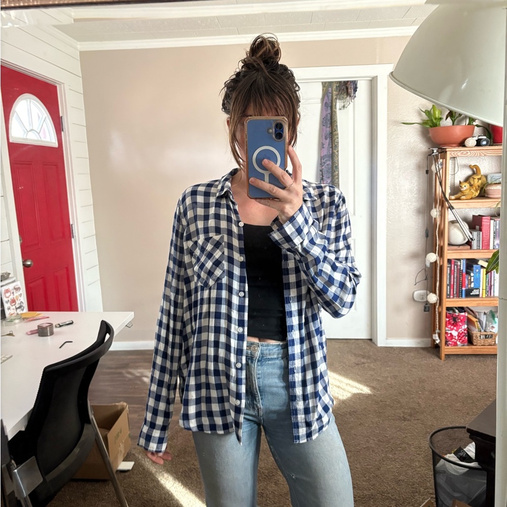Blue and White Checkered Button-Up Shirt from SO